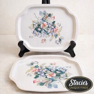 Vintage White Floral Serving Tray Set Cottage Shabby Chic Decor